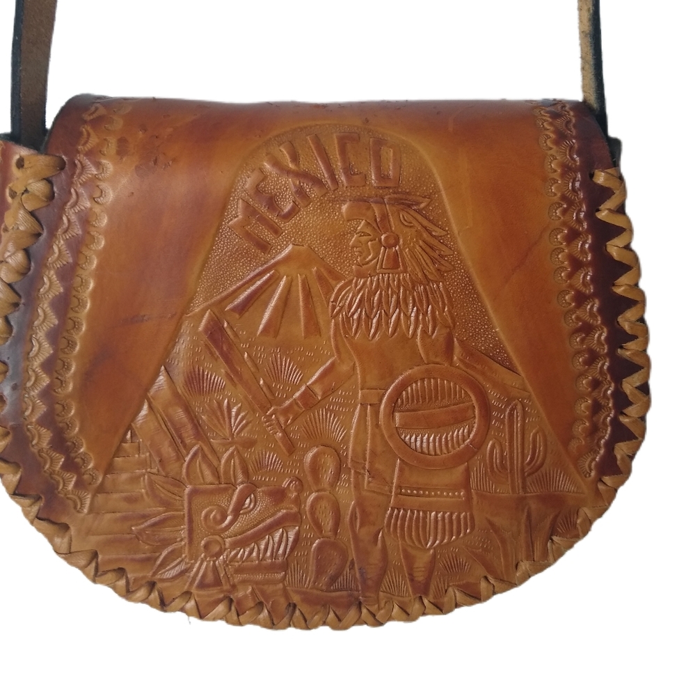 Tooled Leather Mexico Crossbody Mini Bag Whip Stitched Buckle Bag